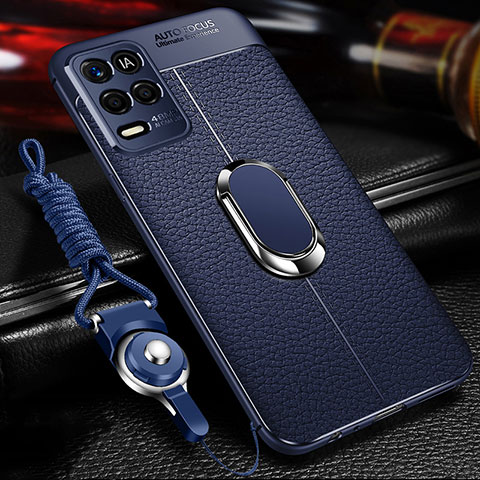 Silikon Hülle Handyhülle Gummi Schutzhülle Flexible Leder Tasche mit Magnetisch Fingerring Ständer für Realme Q3i 5G Blau