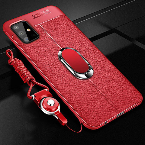 Silikon Hülle Handyhülle Gummi Schutzhülle Flexible Leder Tasche mit Magnetisch Fingerring Ständer für Samsung Galaxy A51 4G Rot