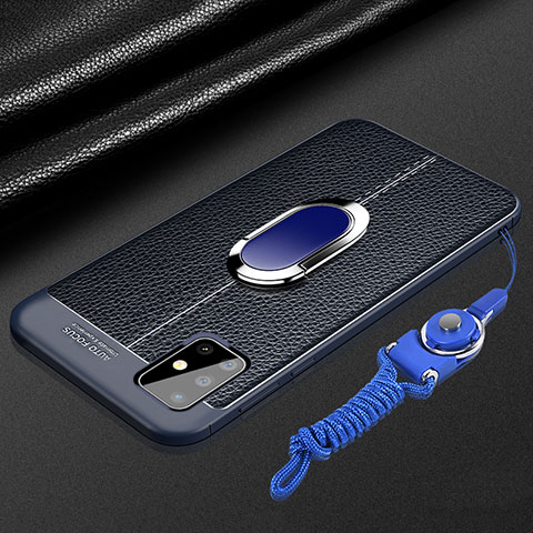 Silikon Hülle Handyhülle Gummi Schutzhülle Flexible Leder Tasche mit Magnetisch Fingerring Ständer für Samsung Galaxy A71 4G A715 Blau