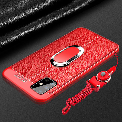 Silikon Hülle Handyhülle Gummi Schutzhülle Flexible Leder Tasche mit Magnetisch Fingerring Ständer für Samsung Galaxy A71 4G A715 Rot