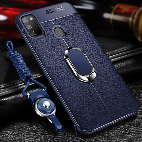 Silikon Hülle Handyhülle Gummi Schutzhülle Flexible Leder Tasche mit Magnetisch Fingerring Ständer für Samsung Galaxy M21 Blau