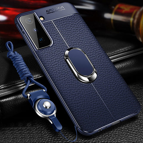 Silikon Hülle Handyhülle Gummi Schutzhülle Flexible Leder Tasche mit Magnetisch Fingerring Ständer für Samsung Galaxy S21 Plus 5G Blau