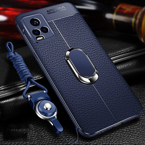 Silikon Hülle Handyhülle Gummi Schutzhülle Flexible Leder Tasche mit Magnetisch Fingerring Ständer für Vivo V20 Pro 5G Blau