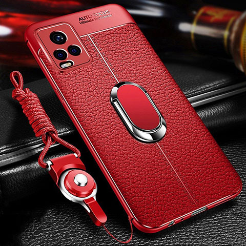 Silikon Hülle Handyhülle Gummi Schutzhülle Flexible Leder Tasche mit Magnetisch Fingerring Ständer für Vivo V20 Pro 5G Rot