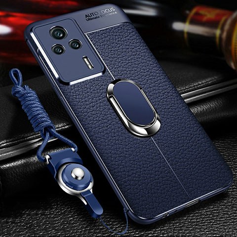 Silikon Hülle Handyhülle Gummi Schutzhülle Flexible Leder Tasche mit Magnetisch Fingerring Ständer für Xiaomi Redmi K60E 5G Blau