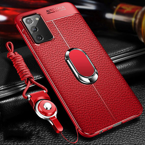 Silikon Hülle Handyhülle Gummi Schutzhülle Flexible Leder Tasche mit Magnetisch Fingerring Ständer N02 für Samsung Galaxy Note 20 5G Rot