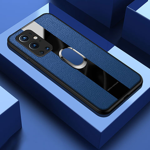 Silikon Hülle Handyhülle Gummi Schutzhülle Flexible Leder Tasche mit Magnetisch Fingerring Ständer PB1 für OnePlus 9 Pro 5G Blau