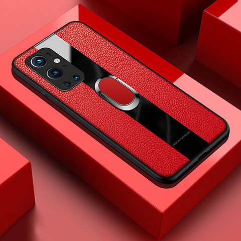 Silikon Hülle Handyhülle Gummi Schutzhülle Flexible Leder Tasche mit Magnetisch Fingerring Ständer PB1 für OnePlus 9 Pro 5G Rot