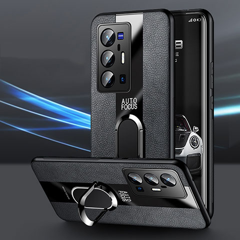 Silikon Hülle Handyhülle Gummi Schutzhülle Flexible Leder Tasche mit Magnetisch Fingerring Ständer PB1 für Vivo X70 Pro+ Plus 5G Schwarz