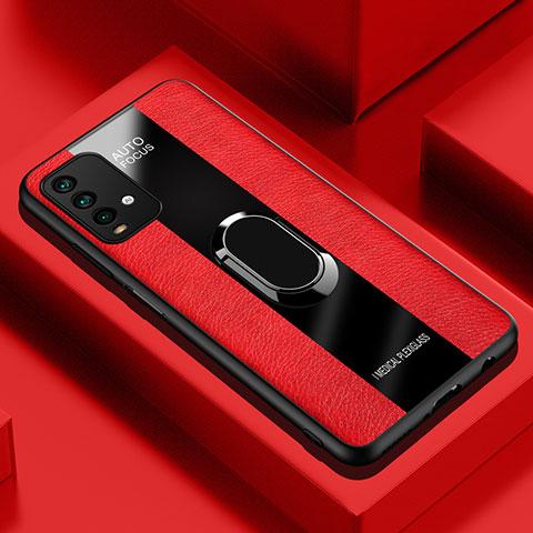 Silikon Hülle Handyhülle Gummi Schutzhülle Flexible Leder Tasche mit Magnetisch Fingerring Ständer PB1 für Xiaomi Redmi 9T 4G Rot
