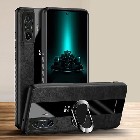 Silikon Hülle Handyhülle Gummi Schutzhülle Flexible Leder Tasche mit Magnetisch Fingerring Ständer PB1 für Xiaomi Redmi K50 Gaming 5G Schwarz