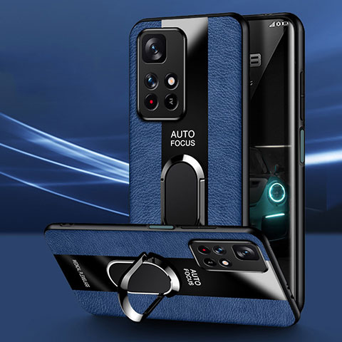 Silikon Hülle Handyhülle Gummi Schutzhülle Flexible Leder Tasche mit Magnetisch Fingerring Ständer PB1 für Xiaomi Redmi Note 11 4G (2021) Blau