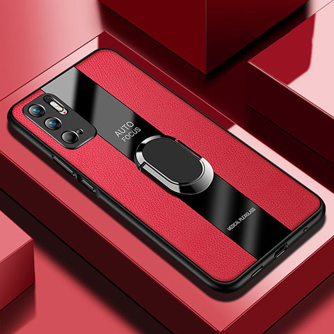Silikon Hülle Handyhülle Gummi Schutzhülle Flexible Leder Tasche mit Magnetisch Fingerring Ständer PB1 für Xiaomi Redmi Note 11 SE 5G Rot