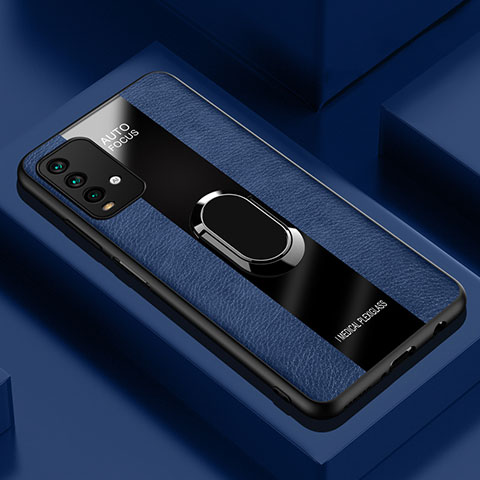 Silikon Hülle Handyhülle Gummi Schutzhülle Flexible Leder Tasche mit Magnetisch Fingerring Ständer PB1 für Xiaomi Redmi Note 9 4G Blau