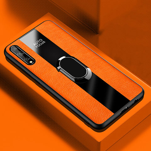 Silikon Hülle Handyhülle Gummi Schutzhülle Flexible Leder Tasche mit Magnetisch Fingerring Ständer S01 für Huawei Enjoy 10S Orange