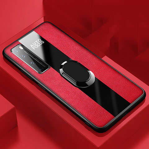 Silikon Hülle Handyhülle Gummi Schutzhülle Flexible Leder Tasche mit Magnetisch Fingerring Ständer S01 für Huawei Nova 7 Pro 5G Rot