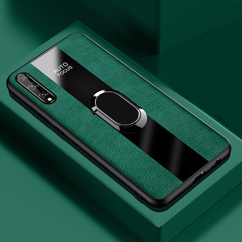 Silikon Hülle Handyhülle Gummi Schutzhülle Flexible Leder Tasche mit Magnetisch Fingerring Ständer S01 für Huawei P smart S Grün