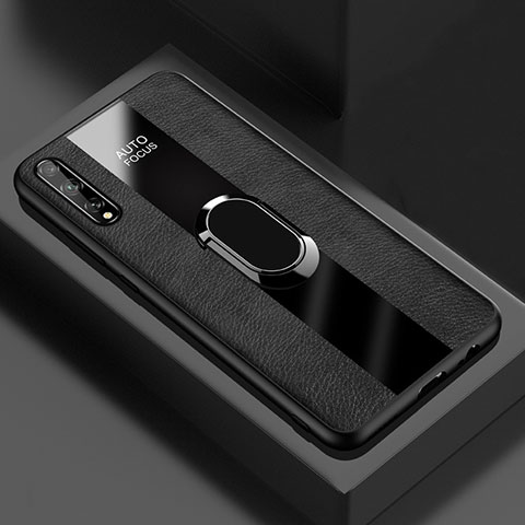 Silikon Hülle Handyhülle Gummi Schutzhülle Flexible Leder Tasche mit Magnetisch Fingerring Ständer S01 für Huawei P smart S Schwarz