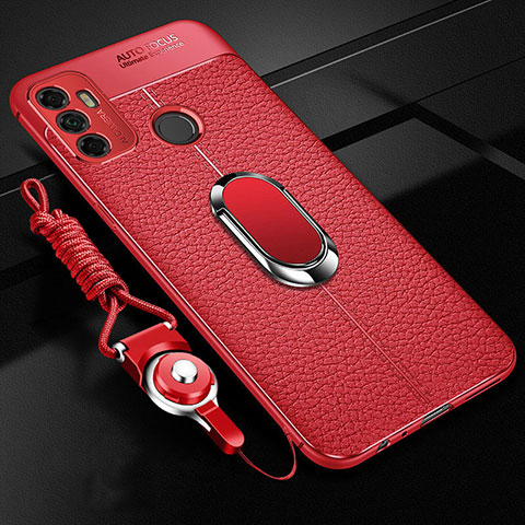 Silikon Hülle Handyhülle Gummi Schutzhülle Flexible Leder Tasche mit Magnetisch Fingerring Ständer S01 für Oppo A11s Rot