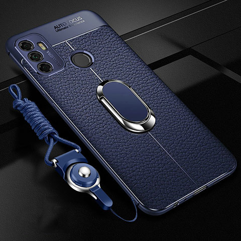 Silikon Hülle Handyhülle Gummi Schutzhülle Flexible Leder Tasche mit Magnetisch Fingerring Ständer S01 für Oppo A32 Blau