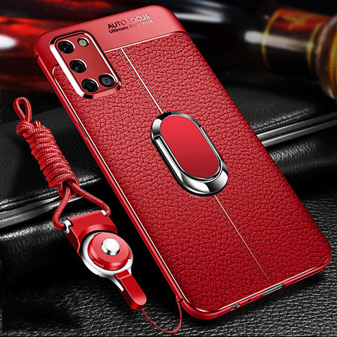 Silikon Hülle Handyhülle Gummi Schutzhülle Flexible Leder Tasche mit Magnetisch Fingerring Ständer S01 für Oppo A52 Rot