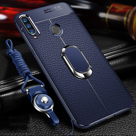 Silikon Hülle Handyhülle Gummi Schutzhülle Flexible Leder Tasche mit Magnetisch Fingerring Ständer S01 für Samsung Galaxy A20s Blau