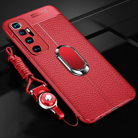 Silikon Hülle Handyhülle Gummi Schutzhülle Flexible Leder Tasche mit Magnetisch Fingerring Ständer S01 für Xiaomi Mi 10 Ultra Rot