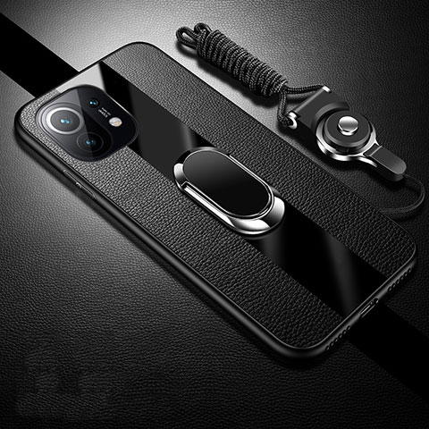 Silikon Hülle Handyhülle Gummi Schutzhülle Flexible Leder Tasche mit Magnetisch Fingerring Ständer S01 für Xiaomi Mi 11 Lite 5G Schwarz