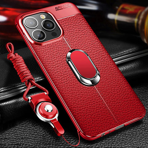 Silikon Hülle Handyhülle Gummi Schutzhülle Flexible Leder Tasche mit Magnetisch Fingerring Ständer S02 für Apple iPhone 14 Pro Rot