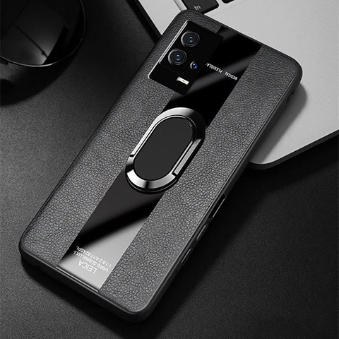 Silikon Hülle Handyhülle Gummi Schutzhülle Flexible Leder Tasche mit Magnetisch Fingerring Ständer S02 für Vivo iQOO 8 5G Schwarz