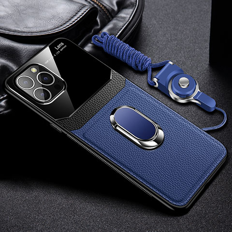 Silikon Hülle Handyhülle Gummi Schutzhülle Flexible Leder Tasche mit Magnetisch Fingerring Ständer S03 für Apple iPhone 14 Pro Max Blau