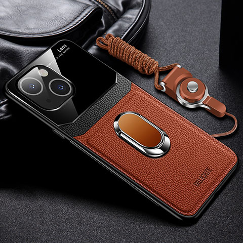 Silikon Hülle Handyhülle Gummi Schutzhülle Flexible Leder Tasche mit Magnetisch Fingerring Ständer S03 für Apple iPhone 15 Braun