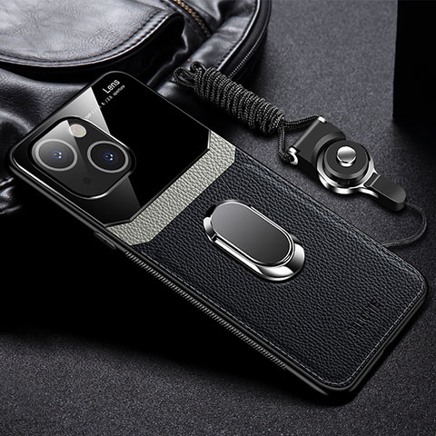 Silikon Hülle Handyhülle Gummi Schutzhülle Flexible Leder Tasche mit Magnetisch Fingerring Ständer S03 für Apple iPhone 15 Schwarz