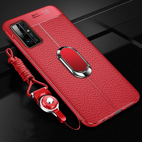 Silikon Hülle Handyhülle Gummi Schutzhülle Flexible Leder Tasche mit Magnetisch Fingerring Ständer S03 für Huawei Honor 30 Rot