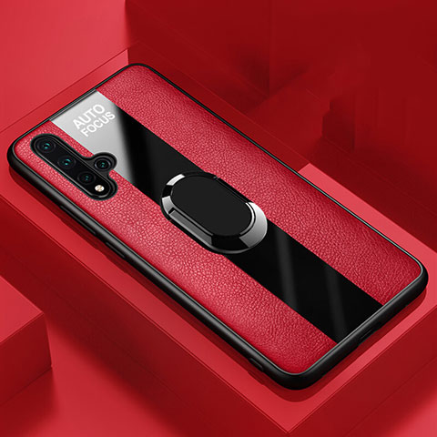 Silikon Hülle Handyhülle Gummi Schutzhülle Flexible Leder Tasche mit Magnetisch Fingerring Ständer T01 für Huawei Nova 5 Pro Rot