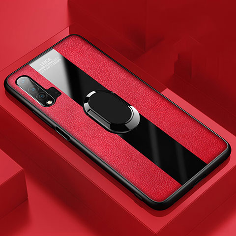 Silikon Hülle Handyhülle Gummi Schutzhülle Flexible Leder Tasche mit Magnetisch Fingerring Ständer T01 für Huawei Nova 6 Rot