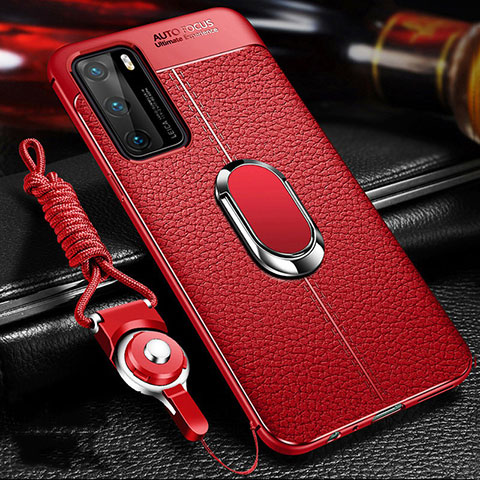 Silikon Hülle Handyhülle Gummi Schutzhülle Flexible Leder Tasche mit Magnetisch Fingerring Ständer T01 für Huawei P40 Rot