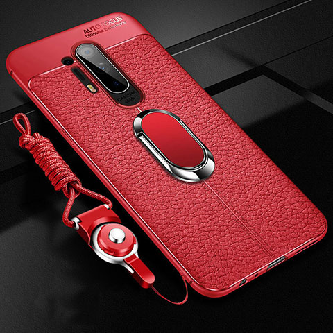 Silikon Hülle Handyhülle Gummi Schutzhülle Flexible Leder Tasche mit Magnetisch Fingerring Ständer T01 für OnePlus 8 Pro Rot