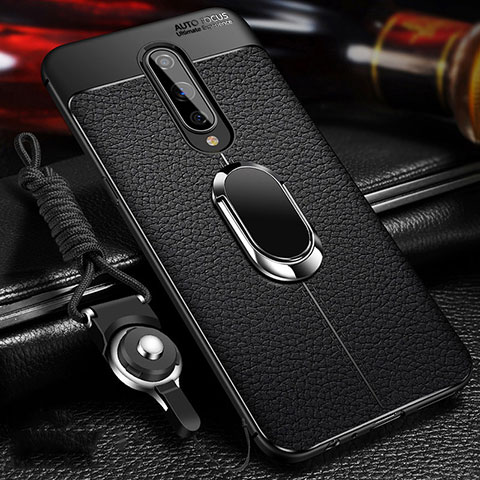 Silikon Hülle Handyhülle Gummi Schutzhülle Flexible Leder Tasche mit Magnetisch Fingerring Ständer T01 für OnePlus 8 Schwarz