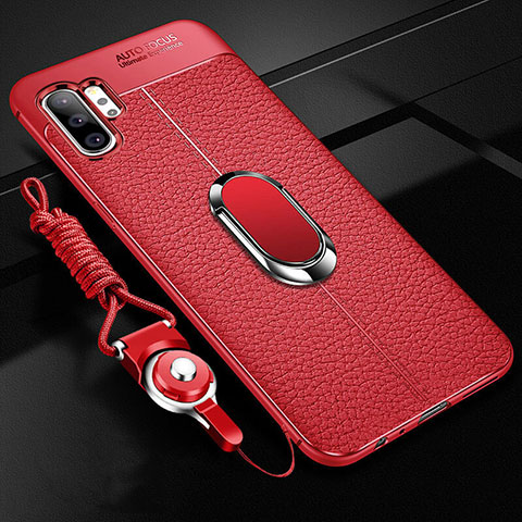 Silikon Hülle Handyhülle Gummi Schutzhülle Flexible Leder Tasche mit Magnetisch Fingerring Ständer T01 für Samsung Galaxy Note 10 Plus 5G Rot