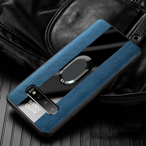 Silikon Hülle Handyhülle Gummi Schutzhülle Flexible Leder Tasche mit Magnetisch Fingerring Ständer T01 für Samsung Galaxy S10 5G Blau