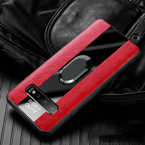 Silikon Hülle Handyhülle Gummi Schutzhülle Flexible Leder Tasche mit Magnetisch Fingerring Ständer T01 für Samsung Galaxy S10 5G Rot