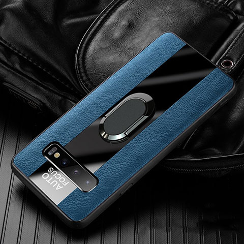 Silikon Hülle Handyhülle Gummi Schutzhülle Flexible Leder Tasche mit Magnetisch Fingerring Ständer T01 für Samsung Galaxy S10 Plus Blau