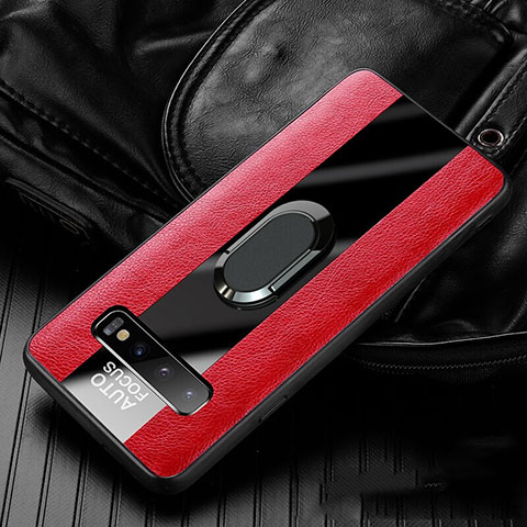 Silikon Hülle Handyhülle Gummi Schutzhülle Flexible Leder Tasche mit Magnetisch Fingerring Ständer T01 für Samsung Galaxy S10 Rot