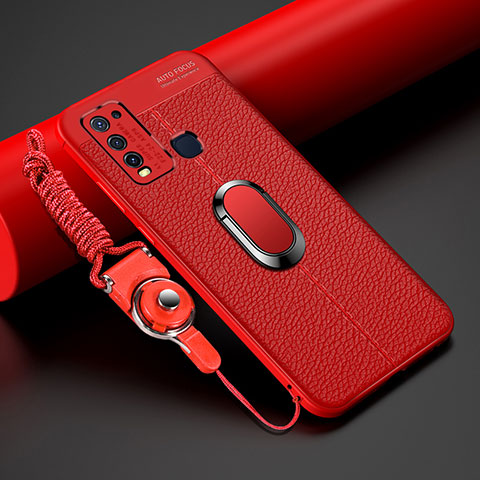 Silikon Hülle Handyhülle Gummi Schutzhülle Flexible Leder Tasche mit Magnetisch Fingerring Ständer T01 für Vivo Y50 Rot