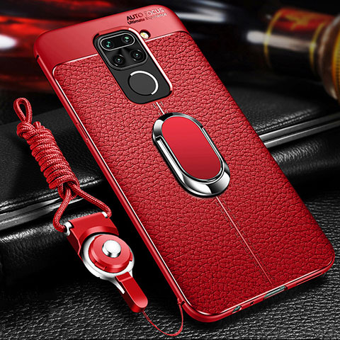 Silikon Hülle Handyhülle Gummi Schutzhülle Flexible Leder Tasche mit Magnetisch Fingerring Ständer T01 für Xiaomi Redmi 10X 4G Rot