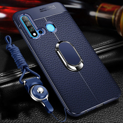 Silikon Hülle Handyhülle Gummi Schutzhülle Flexible Leder Tasche mit Magnetisch Fingerring Ständer T02 für Huawei Nova 5i Blau