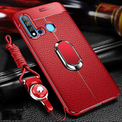 Silikon Hülle Handyhülle Gummi Schutzhülle Flexible Leder Tasche mit Magnetisch Fingerring Ständer T02 für Huawei Nova 5i Rot