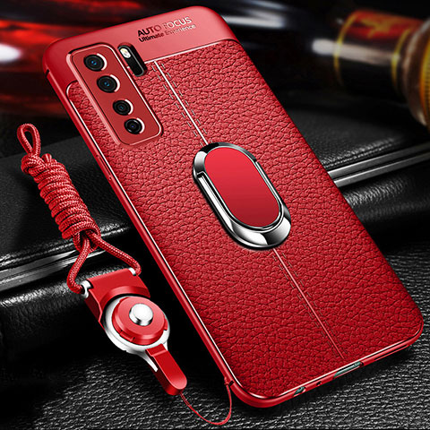 Silikon Hülle Handyhülle Gummi Schutzhülle Flexible Leder Tasche mit Magnetisch Fingerring Ständer T02 für Huawei Nova 7 SE 5G Rot