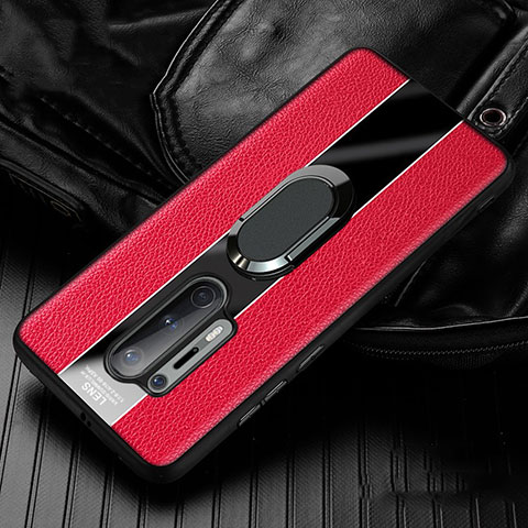 Silikon Hülle Handyhülle Gummi Schutzhülle Flexible Leder Tasche mit Magnetisch Fingerring Ständer T02 für OnePlus 8 Pro Rot